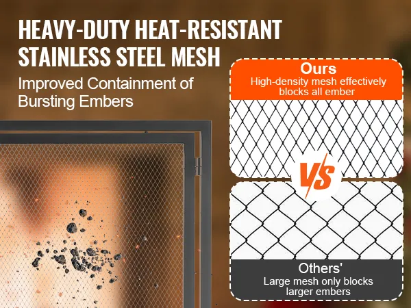 VEVOR haardscherm met robuust hittebestendig roestvrijstalen gaas voor een betere insluiting van de gloeiende kooltjes.
