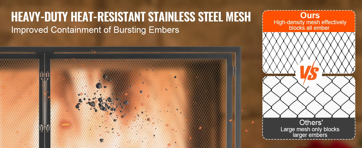 VEVOR haardscherm met robuust hittebestendig roestvrijstalen gaas voor een betere insluiting van de gloeiende kooltjes.