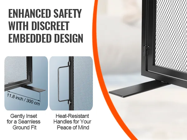 VEVOR haardscherm met hittebestendige handgrepen en discreet ingebouwd design voor extra veiligheid.
