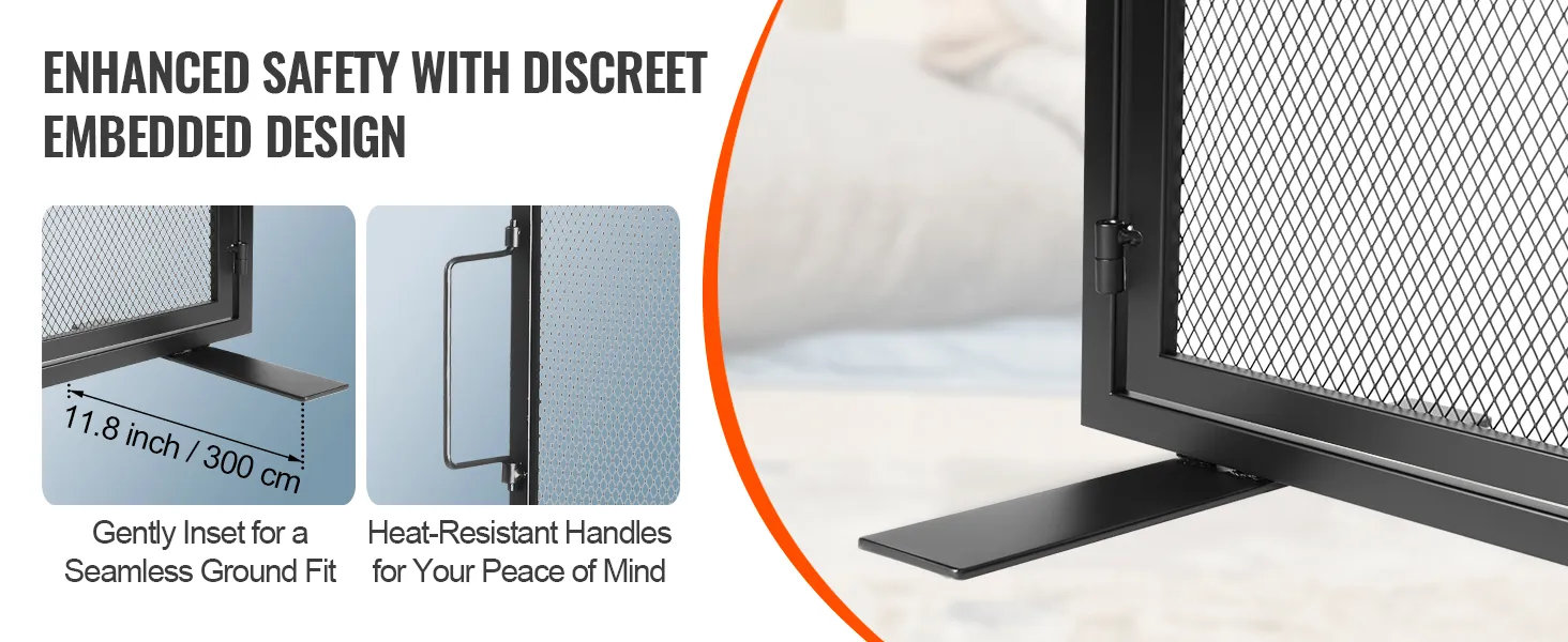 VEVOR haardscherm met hittebestendige handgrepen en discreet ingebouwd design voor extra veiligheid.