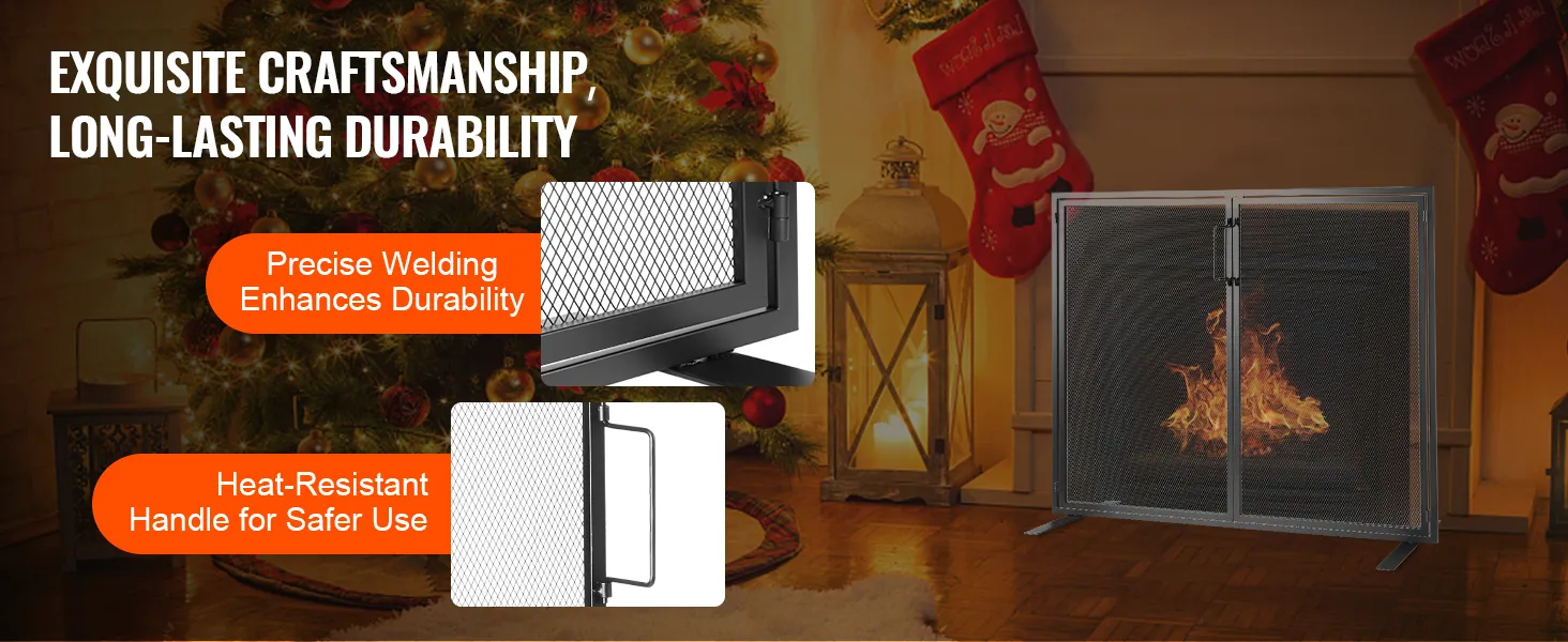 VEVOR haardscherm met hittebestendige handgreep en nauwkeurig gelast voor duurzaamheid, in vakantieomgevingen.