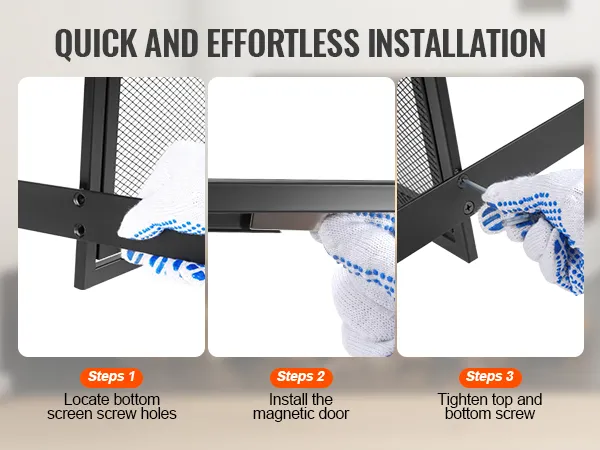 Snelle stappen om een VEVOR-haardscherm te installeren met handschoenen: zoek de schroefgaten, monteer de magnetische deur en draai de schroeven vast.