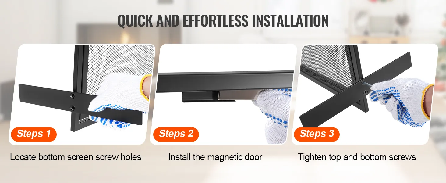 Snelle stappen om een VEVOR-haardscherm te installeren met handschoenen: zoek de schroefgaten, monteer de magnetische deur en draai de schroeven vast.