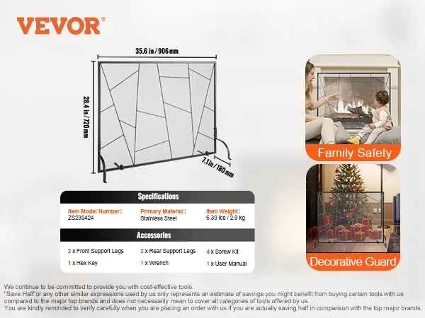 VEVOR fireplace screen, 35.6"x28.4", includes support legs, hex key, wrench, screw kit, user manual.