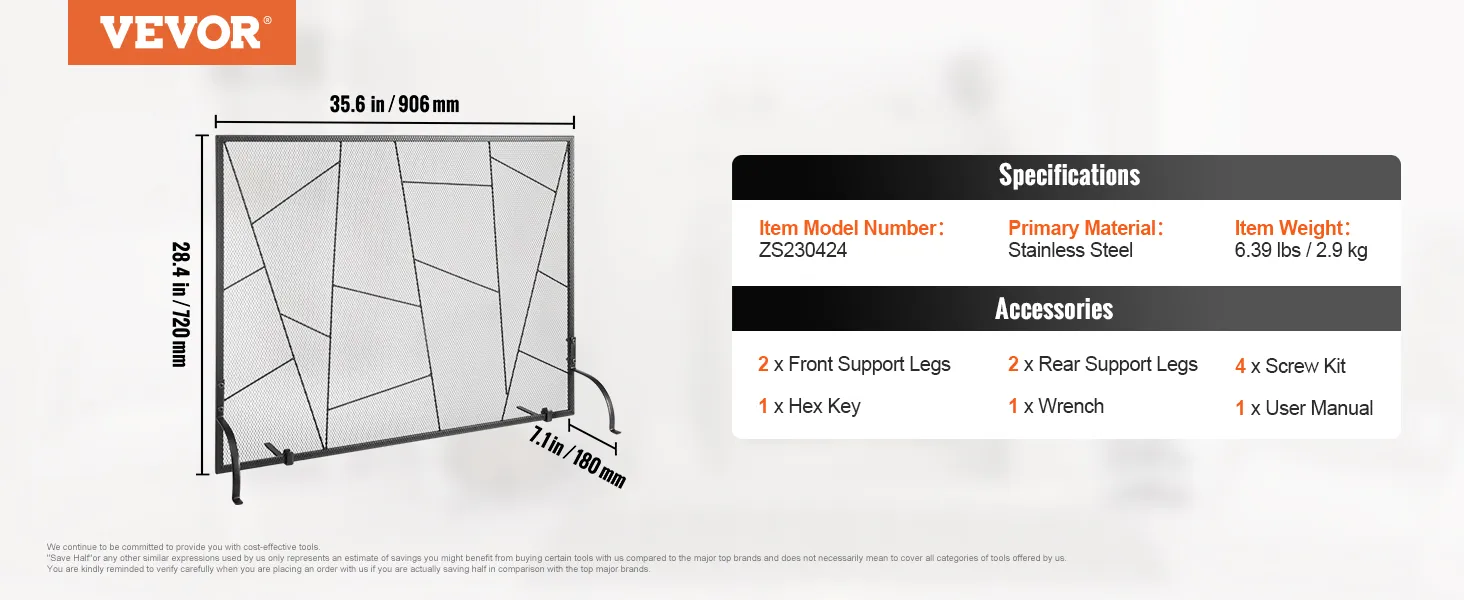VEVOR fireplace screen, 35.6"x28.4", includes support legs, hex key, wrench, screw kit, user manual.