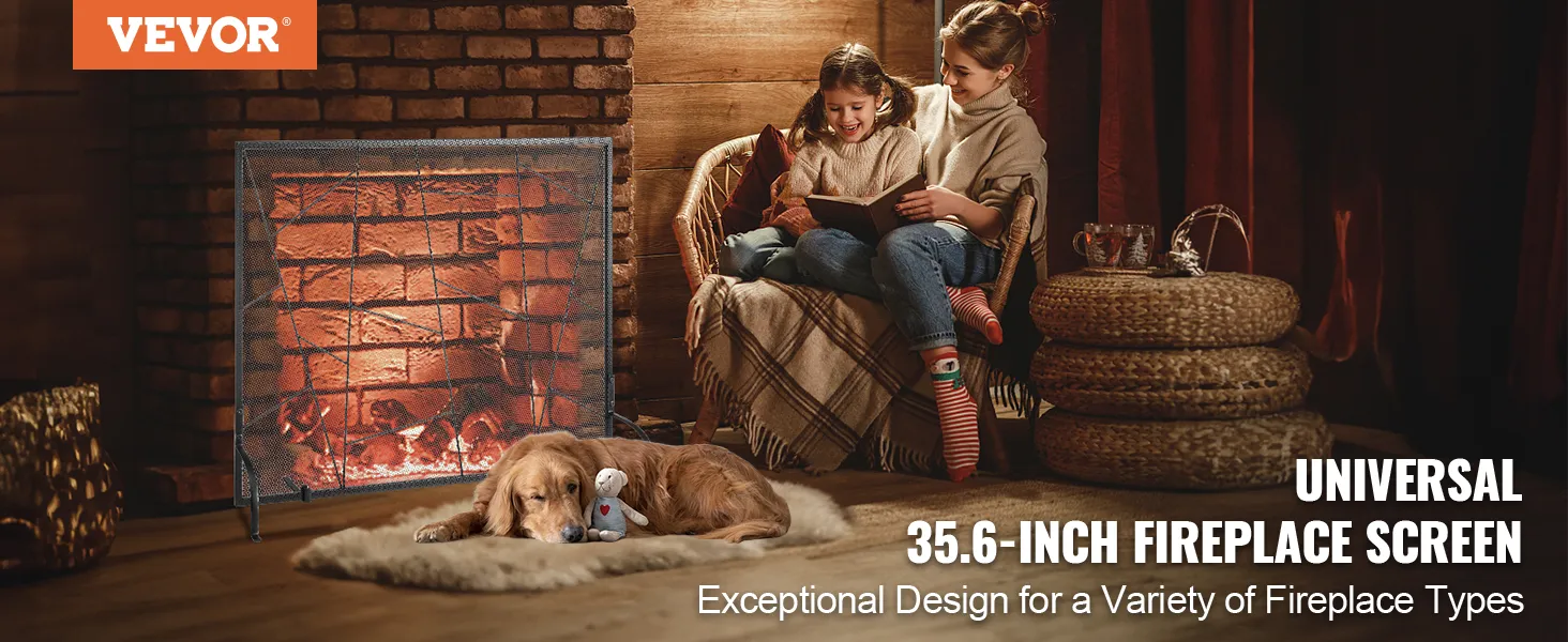 cozy family beside a VEVOR fireplace screen with a dog asleep on a rug and a woven table next to them.