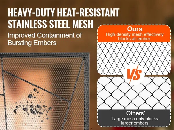 heavy-duty stainless steel VEVOR fireplace screen containing bursting embers with high-density mesh.