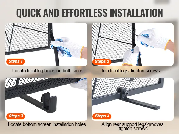 quick installation guide for the VEVOR fireplace screen, highlighting steps to locate and tighten screws.