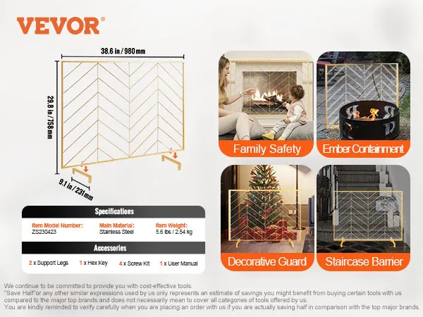 Osłona kominkowa VEVOR ze stali nierdzewnej, 38,6 x 29,8 cala, w zestawie 2 nóżki, klucz imbusowy, zestaw śrub.