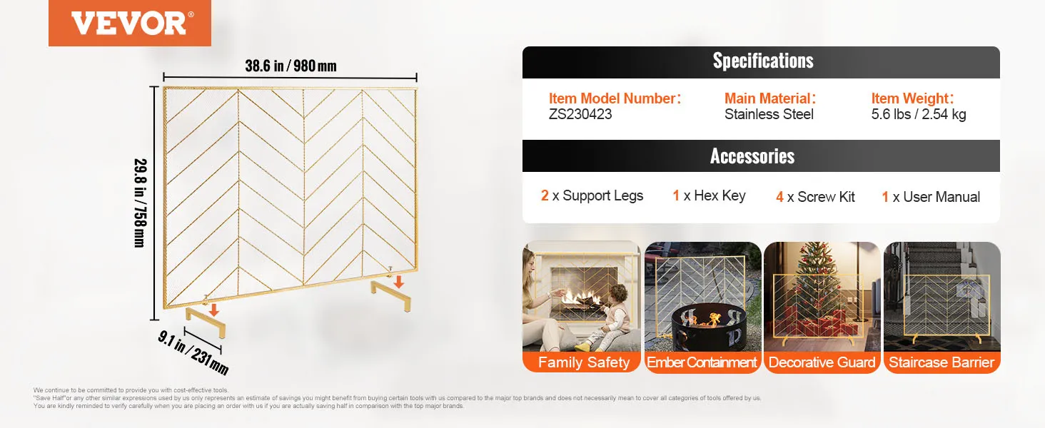 Osłona kominkowa VEVOR ze stali nierdzewnej, 38,6 x 29,8 cala, w zestawie 2 nóżki, klucz imbusowy, zestaw śrub.