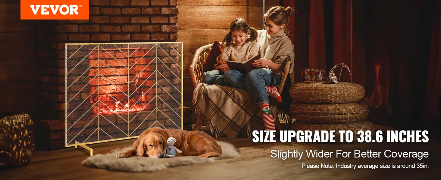 Ekran kominkowy VEVOR zaprezentowany w przytulnym salonie z psem i dwiema osobami przy ciepłym ogniu.