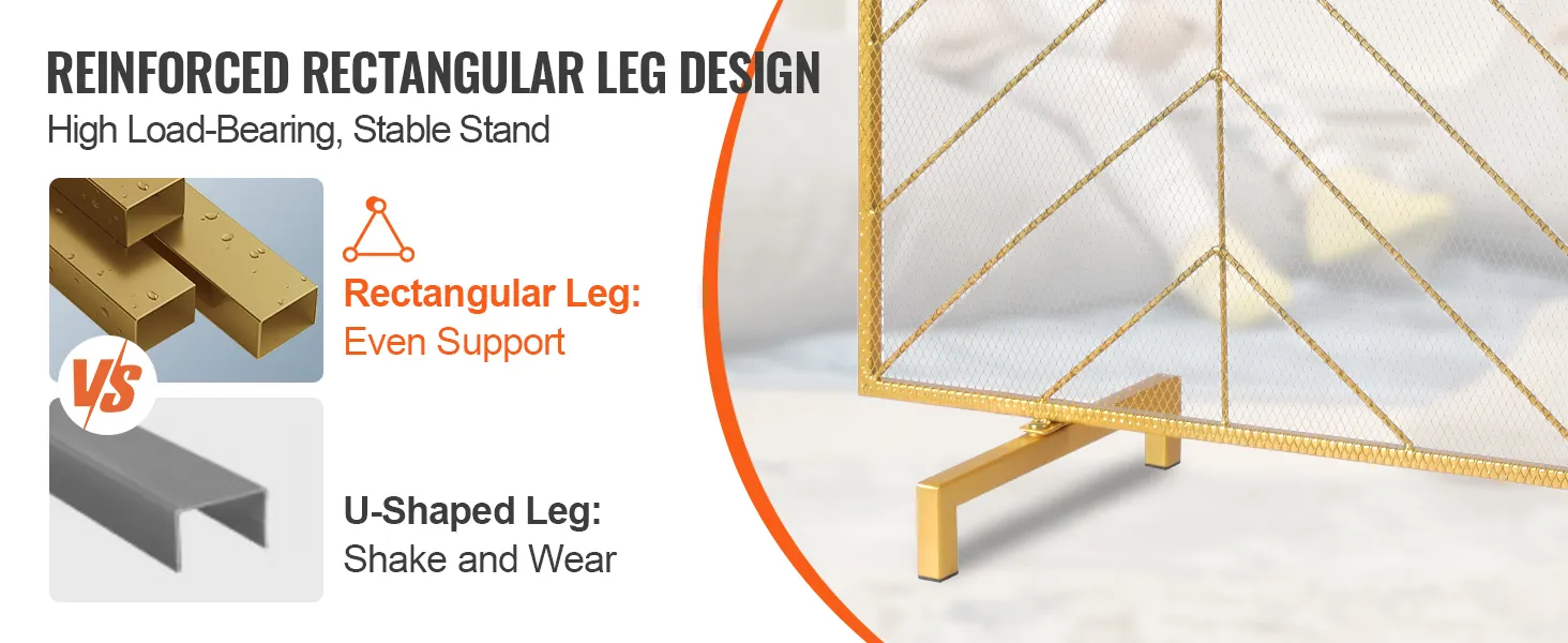 Osłona kominkowa VEVOR ze wzmocnionymi, prostokątnymi nogami, zapewniająca dużą nośność i stabilność.