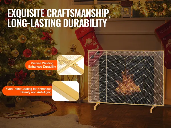 złoty ekran kominkowy VEVOR z precyzyjnym spawem i równomierną powłoką malarską, przed udekorowaną choinką.