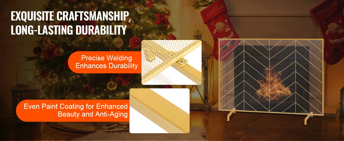 złoty ekran kominkowy VEVOR z precyzyjnym spawem i równomierną powłoką malarską, przed udekorowaną choinką.