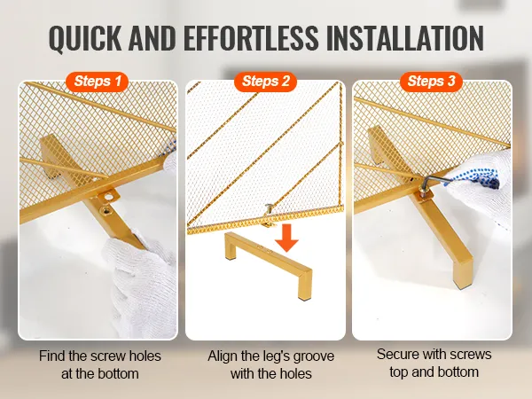szybki montaż ekranu kominkowego VEVOR: znajdź otwory na śruby, wyrównaj rowki nóg i przymocuj je śrubami.