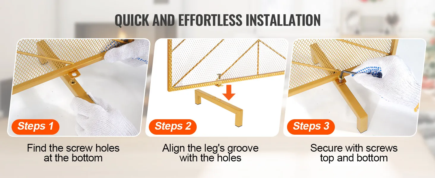 szybki montaż ekranu kominkowego VEVOR: znajdź otwory na śruby, wyrównaj rowki nóg i przymocuj je śrubami.