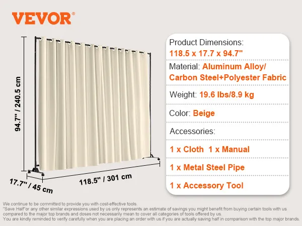 VEVOR room divider: beige, 118.5 x 17.7 x 94.7 inches, aluminum alloy frame, polyester fabric, includes accessories.