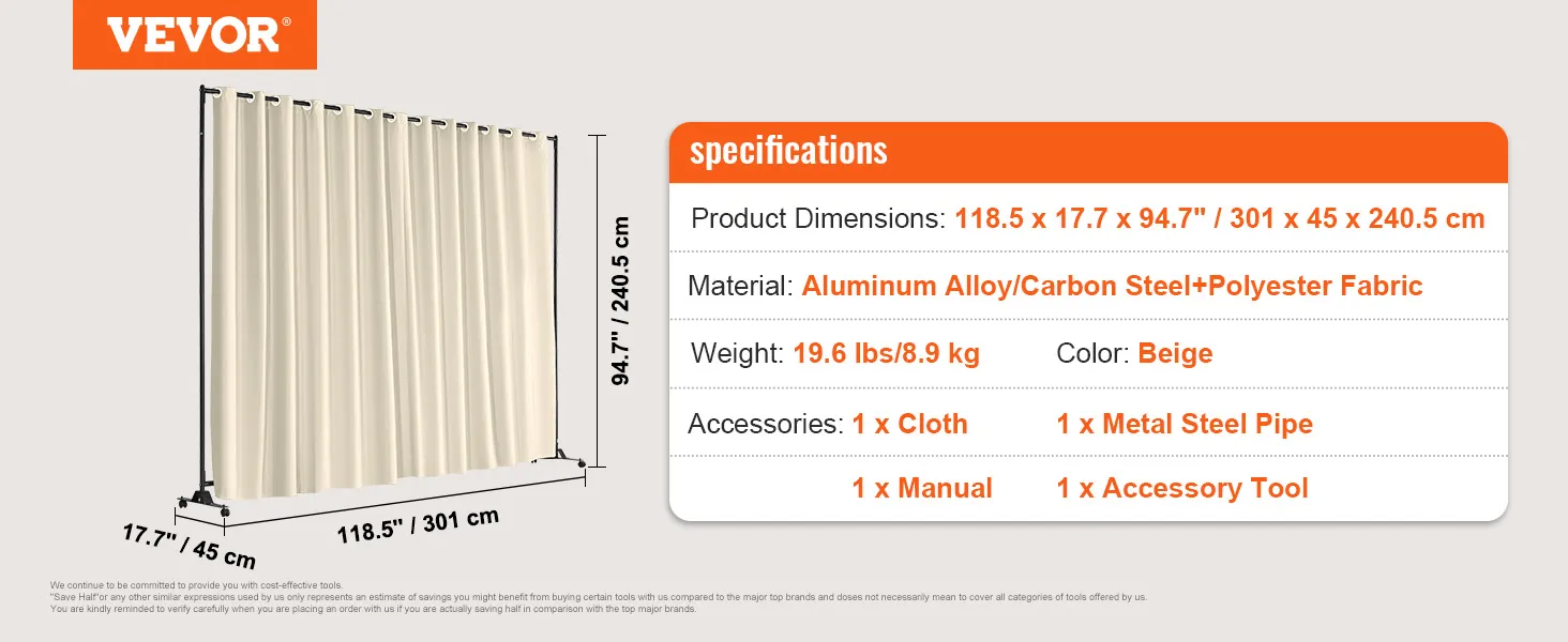 VEVOR room divider: beige, 118.5 x 17.7 x 94.7 inches, aluminum alloy frame, polyester fabric, includes accessories.