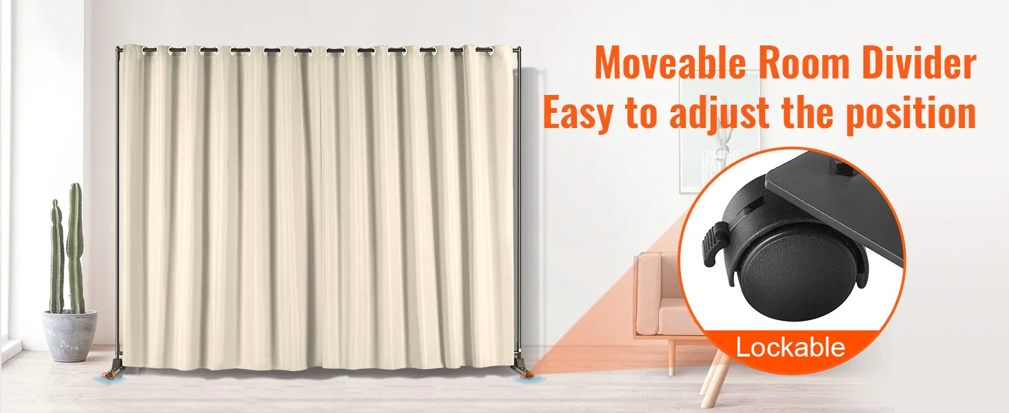 VEVOR room divider in beige with lockable wheels for easy position adjustment, next to cactus plant.