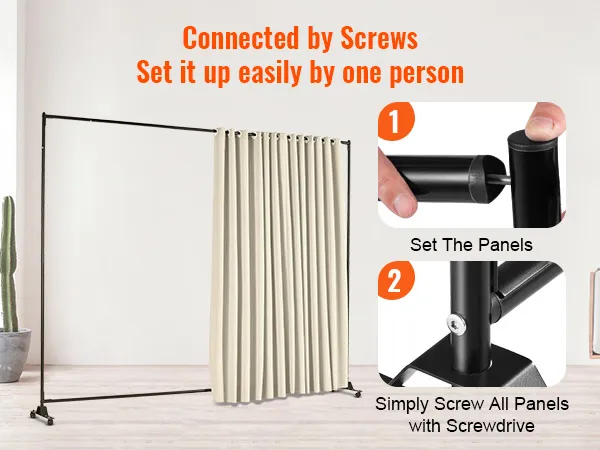 VEVOR room divider setup with beige curtain in a minimalistic room, emphasizing easy assembly with screws.