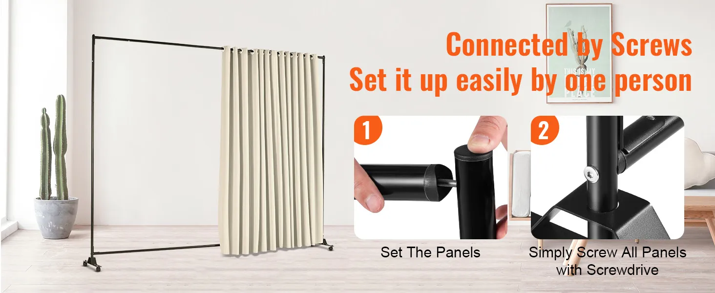 VEVOR room divider setup with beige curtain in a minimalistic room, emphasizing easy assembly with screws.