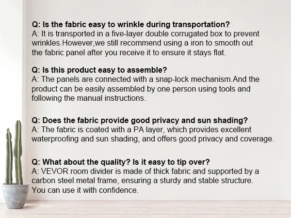 faq sections about VEVOR room divider on a white wall, with a cactus and a gray sofa.
