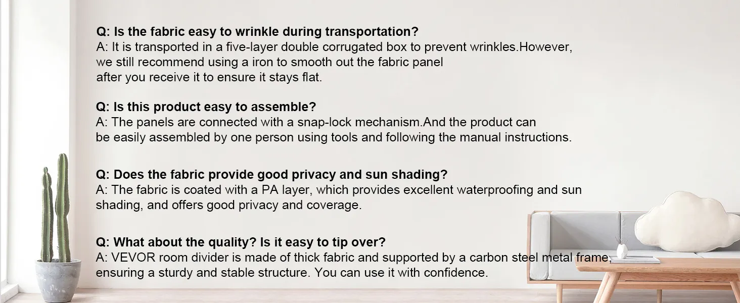 faq sections about VEVOR room divider on a white wall, with a cactus and a gray sofa.
