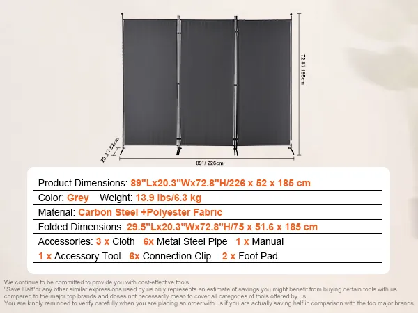 VEVOR room divider, grey, 89"x20.3"x72.8", carbon steel and polyester fabric, accessories included.