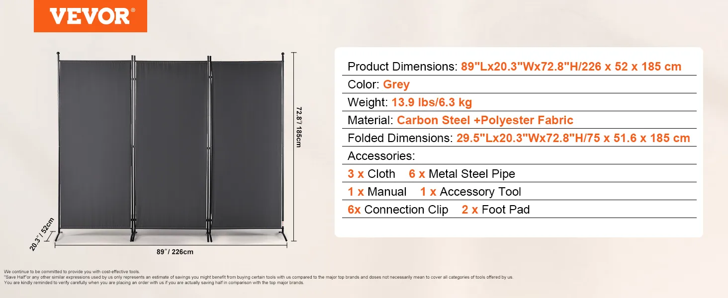 VEVOR room divider, grey, 89"x20.3"x72.8", carbon steel and polyester fabric, accessories included.