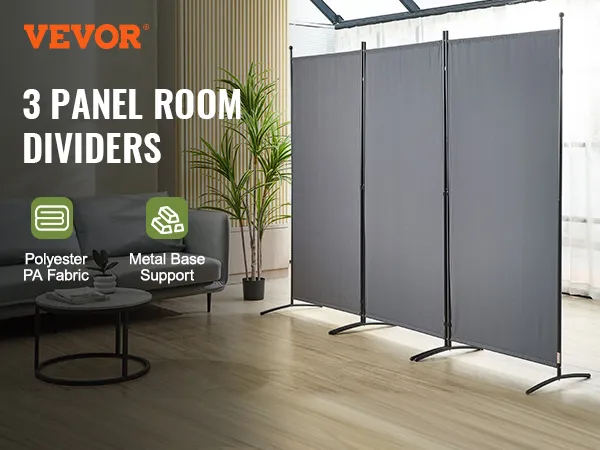 VEVOR room divider 3-panel with polyester pa fabric and metal base support in a modern living room.
