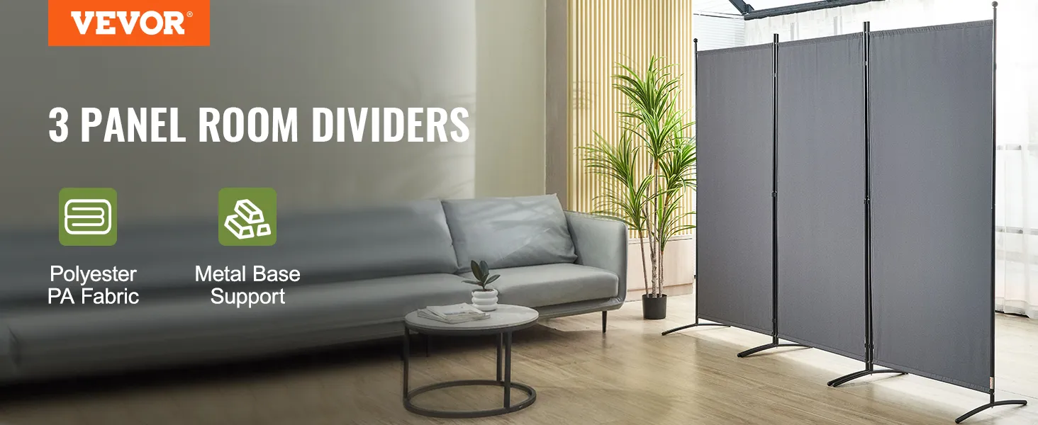 VEVOR room divider 3-panel with polyester pa fabric and metal base support in a modern living room.