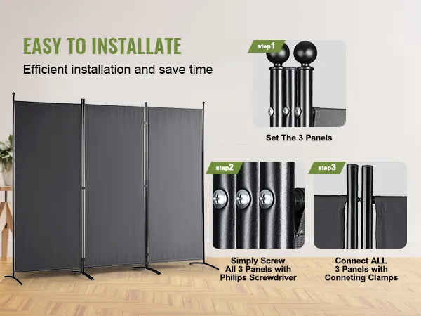 VEVOR room divider installation guide with three black panels and assembly steps shown in detail.