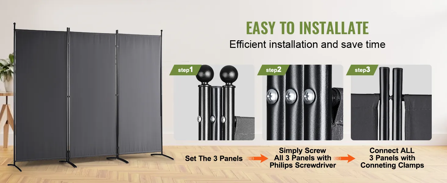 VEVOR room divider installation guide with three black panels and assembly steps shown in detail.