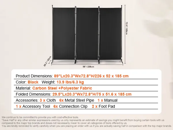 VEVOR room divider with black carbon steel frame, polyester fabric, dimensions: 89"x72.8"x20.3".
