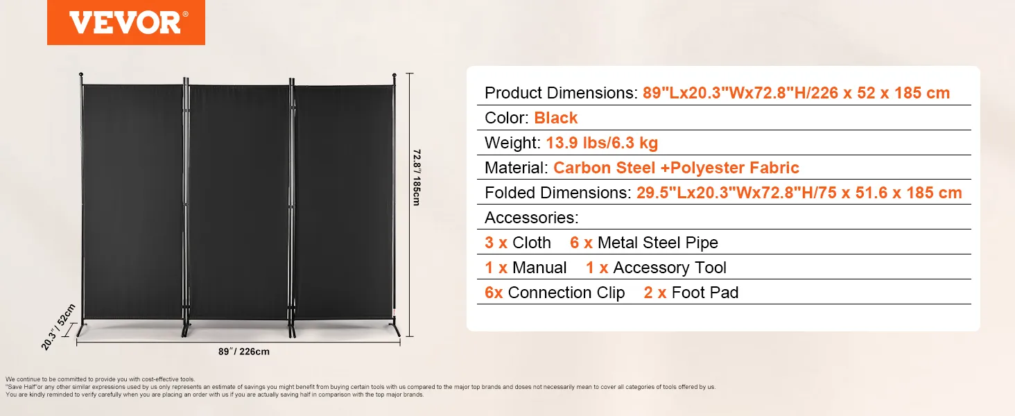 VEVOR room divider with black carbon steel frame, polyester fabric, dimensions: 89"x72.8"x20.3".