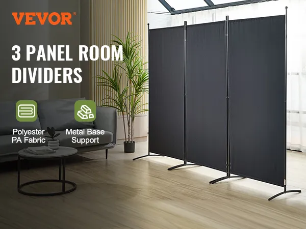 VEVOR room divider with 3 panels, polyester pa fabric, and metal base support in modern living room.