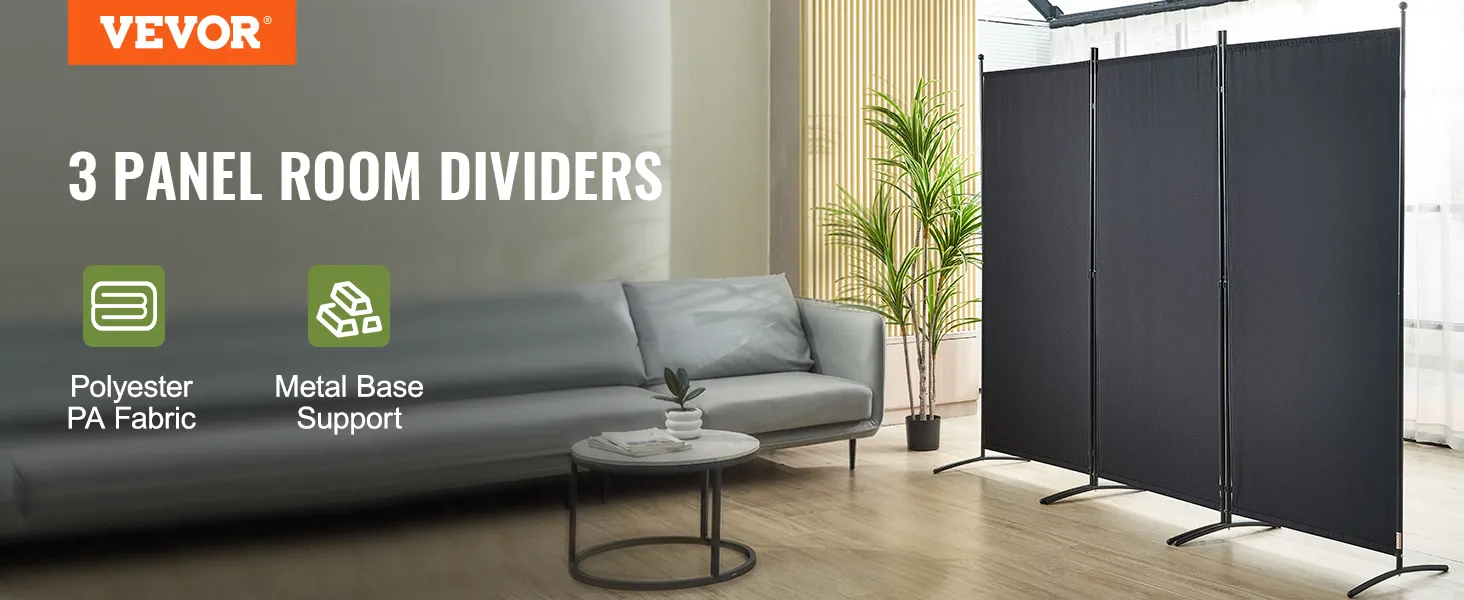VEVOR room divider with 3 panels, polyester pa fabric, and metal base support in modern living room.