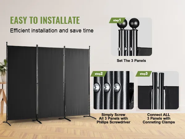 VEVOR room divider: easy to install, efficient, 3 panels setup with screws and clamps, saves time.