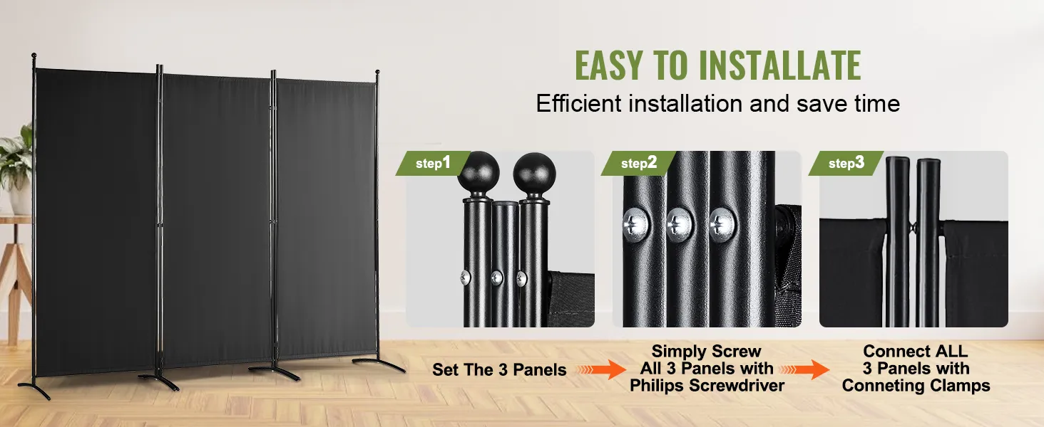 VEVOR room divider: easy to install, efficient, 3 panels setup with screws and clamps, saves time.