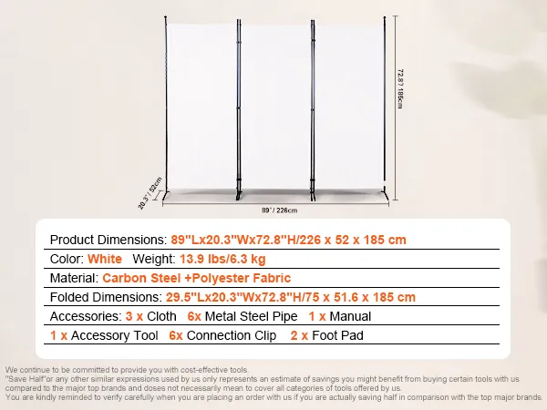 VEVOR room divider with white polyester fabric, carbon steel frame, and dimensions 89”x20.3”x72.8”.