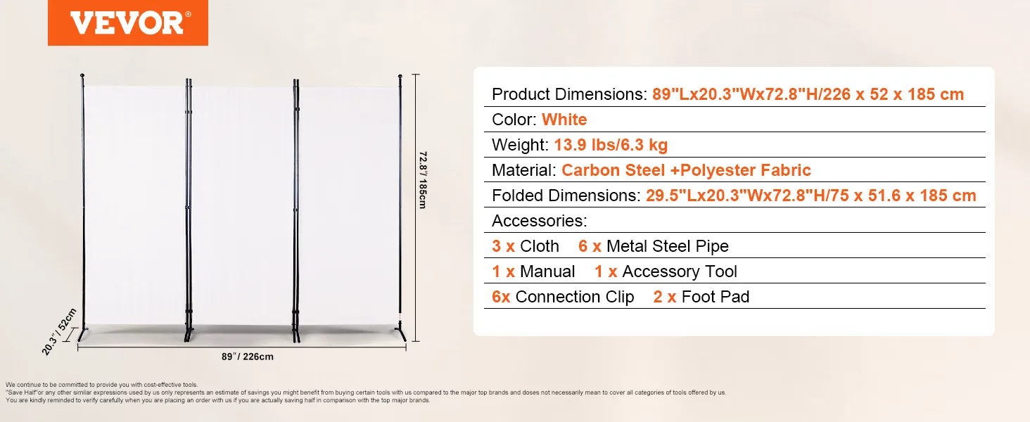 VEVOR room divider with white polyester fabric, carbon steel frame, and dimensions 89”x20.3”x72.8”.