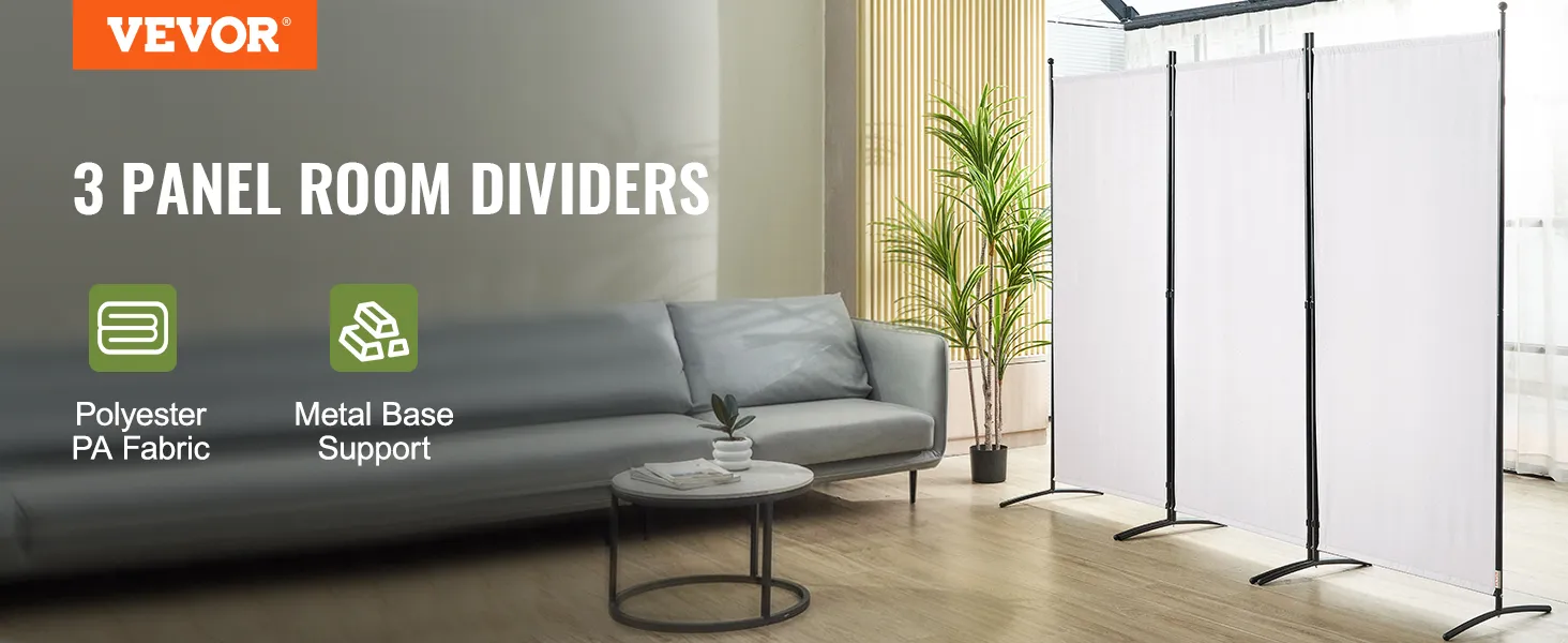 VEVOR room divider 3-panel with polyester pa fabric and metal base support in a modern living room.