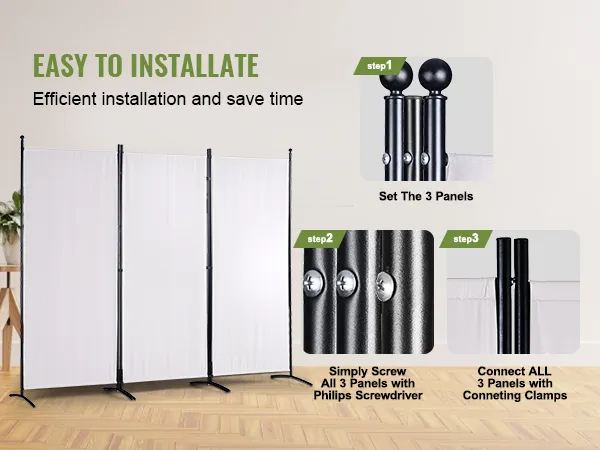 VEVOR room divider installation steps: set panels, screw with philips screwdriver, connect with clamps. efficient setup.