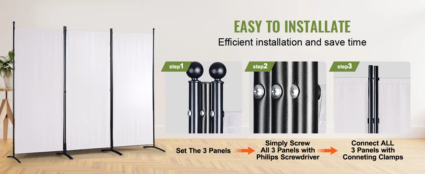 VEVOR room divider installation steps: set panels, screw with philips screwdriver, connect with clamps. efficient setup.