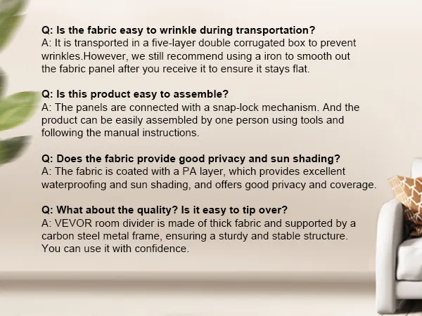 faq section for VEVOR room divider highlighting fabric, assembly, privacy, and stability next to a sofa.