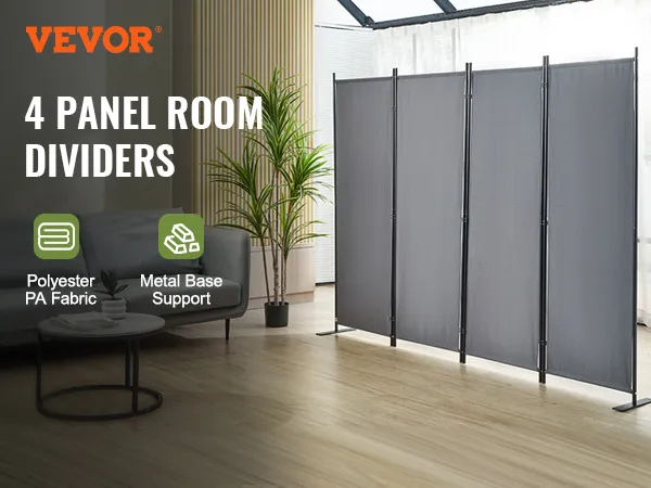 Biombo VEVOR con 4 paneles, tejido de poliéster PA, base de soporte de metal y configuración de sala de estar moderna.