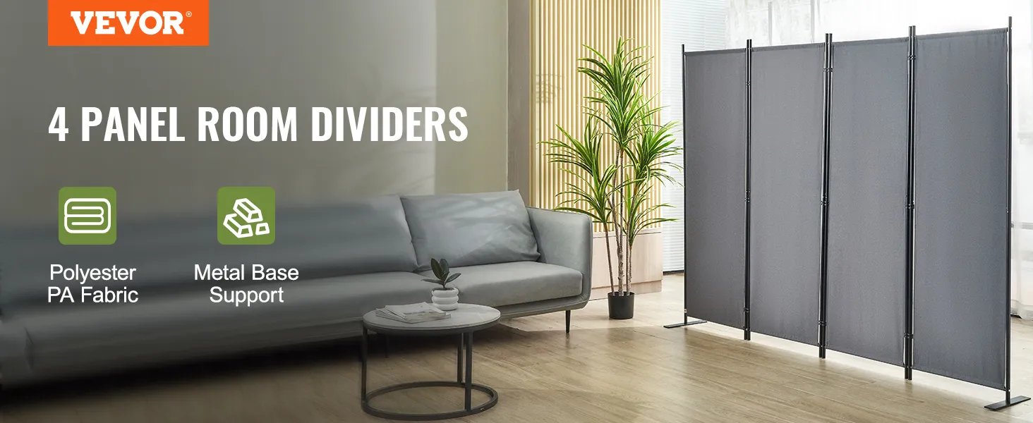 Biombo VEVOR con 4 paneles, tejido de poliéster PA, base de soporte de metal y configuración de sala de estar moderna.