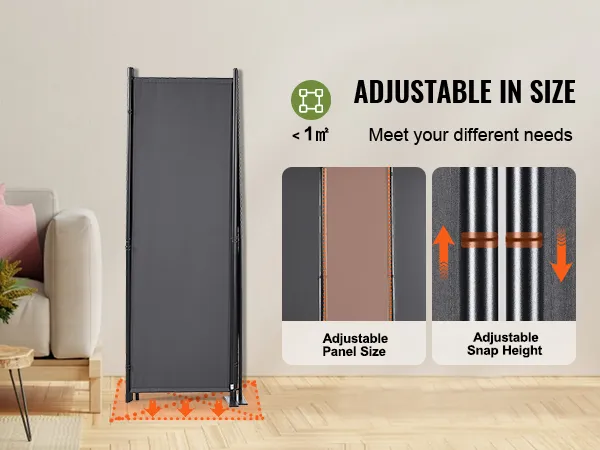 Divisor de ambientes VEVOR en espacios habitables modernos con tamaño de panel ajustable y altura a presión para diversas necesidades.