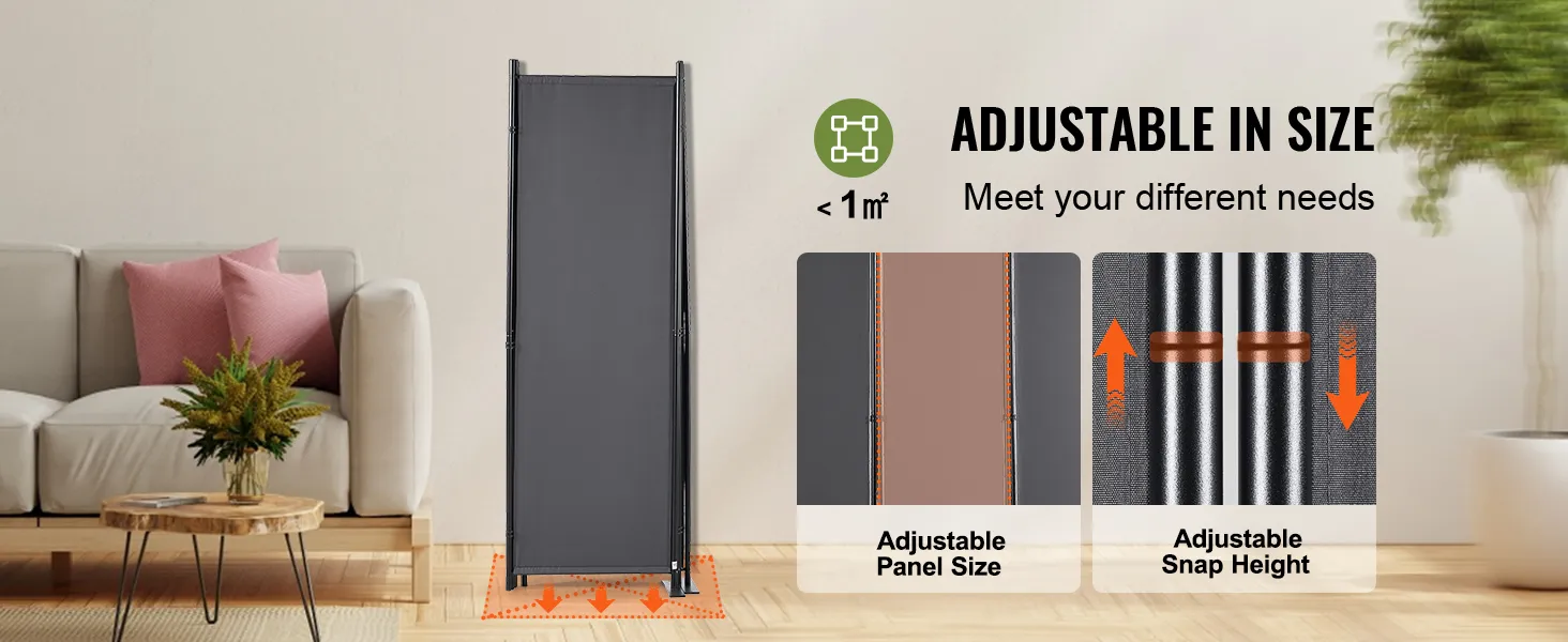 Divisor de ambientes VEVOR en espacios habitables modernos con tamaño de panel ajustable y altura a presión para diversas necesidades.