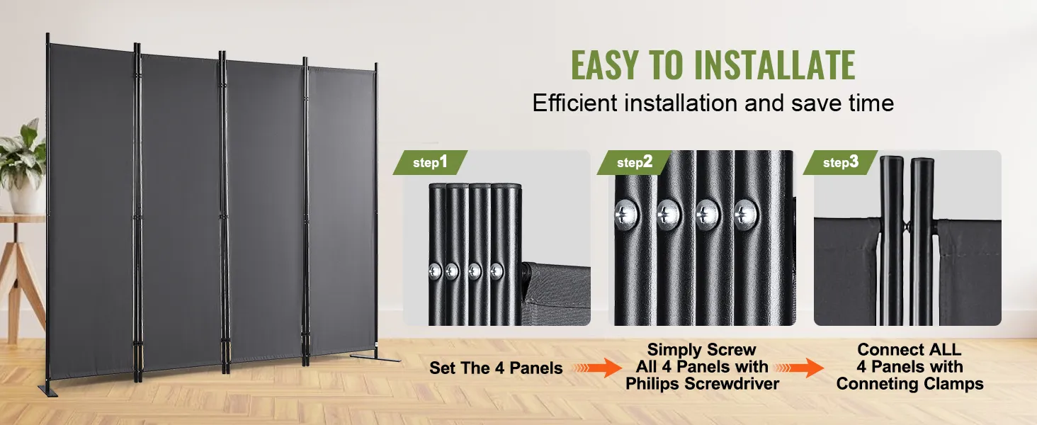 Pasos de instalación del divisor de ambientes VEVOR: coloque los paneles, atornille con un destornillador Philips y conecte las abrazaderas.